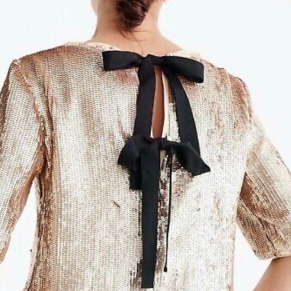 J. CREW | Bianca Rose Gold Sequined Top Black ribbon Bow Back Blouse  | Size 8 - Picture 2 of 9
